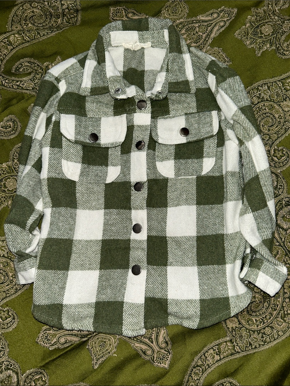 Jessica Simpson Olive Green & White Buffalo Plaid Button-Front Shirt Jacket